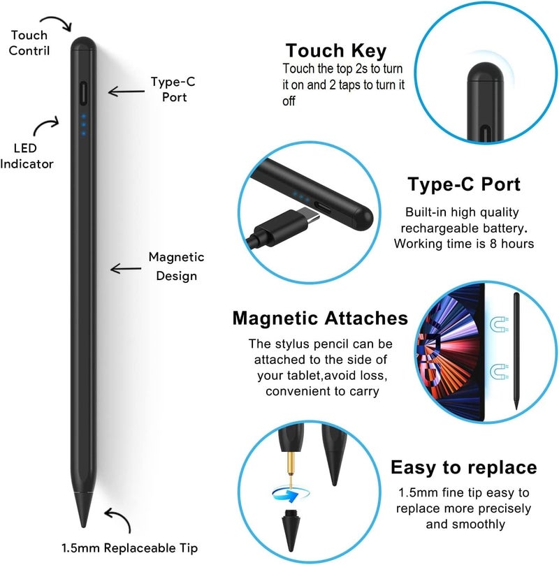 TaIYanG Stylus Pen for iPad 2018-2025 with Palm Rejection, Faster Charge, Tilt Sensitivity iPad Pencil Compatible with A16/11th/10th/9th/8th/7th/6th, Pro 11/12.9in, Air M2/M3/5th/4th/3rd, Mini 6/5th (Black) - Image 5
